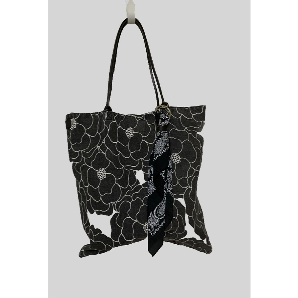 Distressed Faded Black/White Floral Tote Bag With Attached Head Scarf.